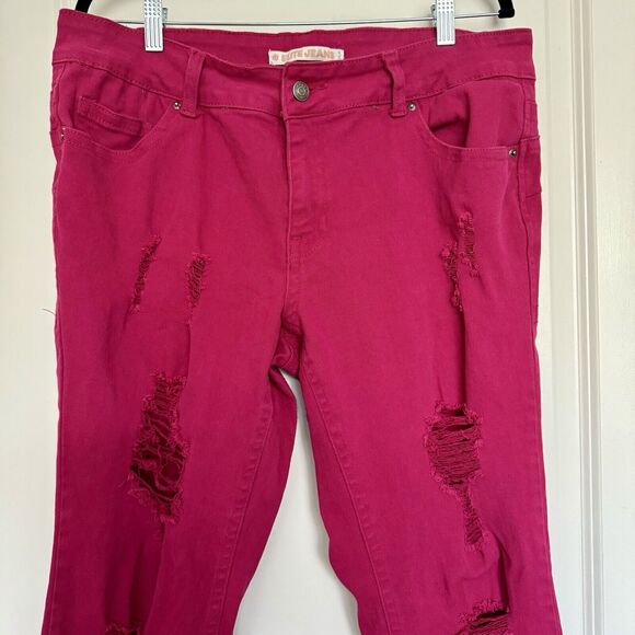 Elite Jeans Distressed Fuchsia Jeans Plus Size 16 Ripped Leg Cropped Capris - Picture 2 of 11